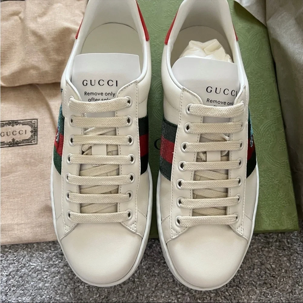Gucci Men's White Leather Sneakers with Blue Bee Embroidery